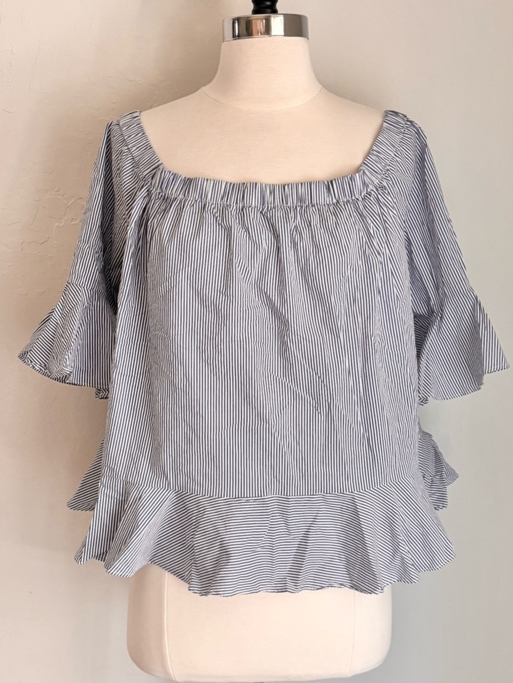 Sunday In Brooklyn Off Shoulder Bell Sleeve Blue White Stripe Top Tie Back, L
